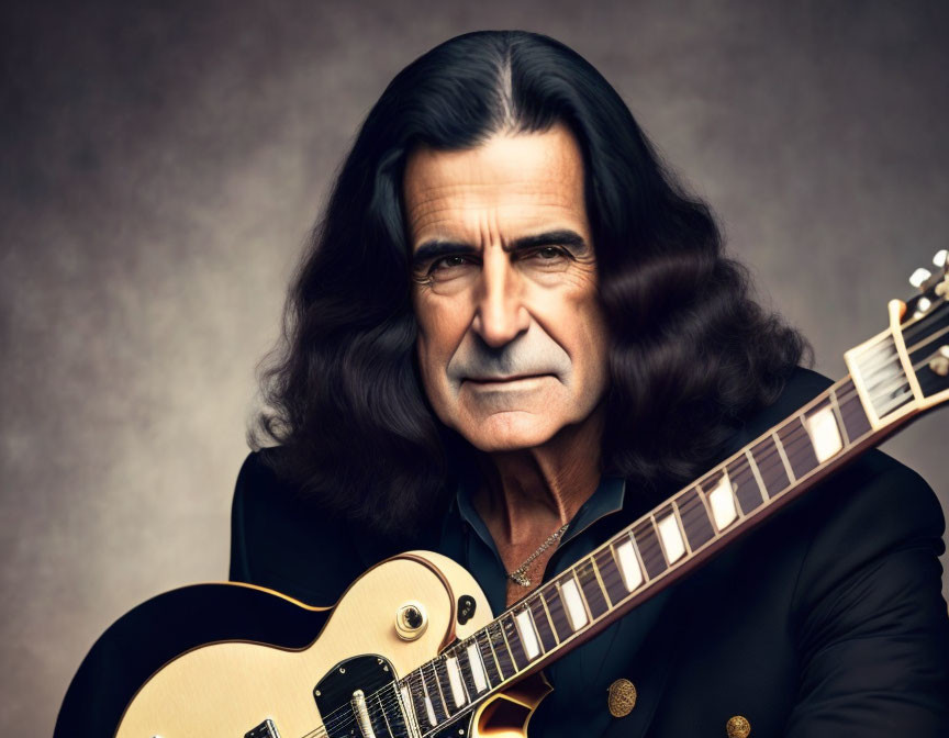 Person with Long Dark Hair Holding Sunburst Electric Guitar in Black Suit Against Textured Backdrop