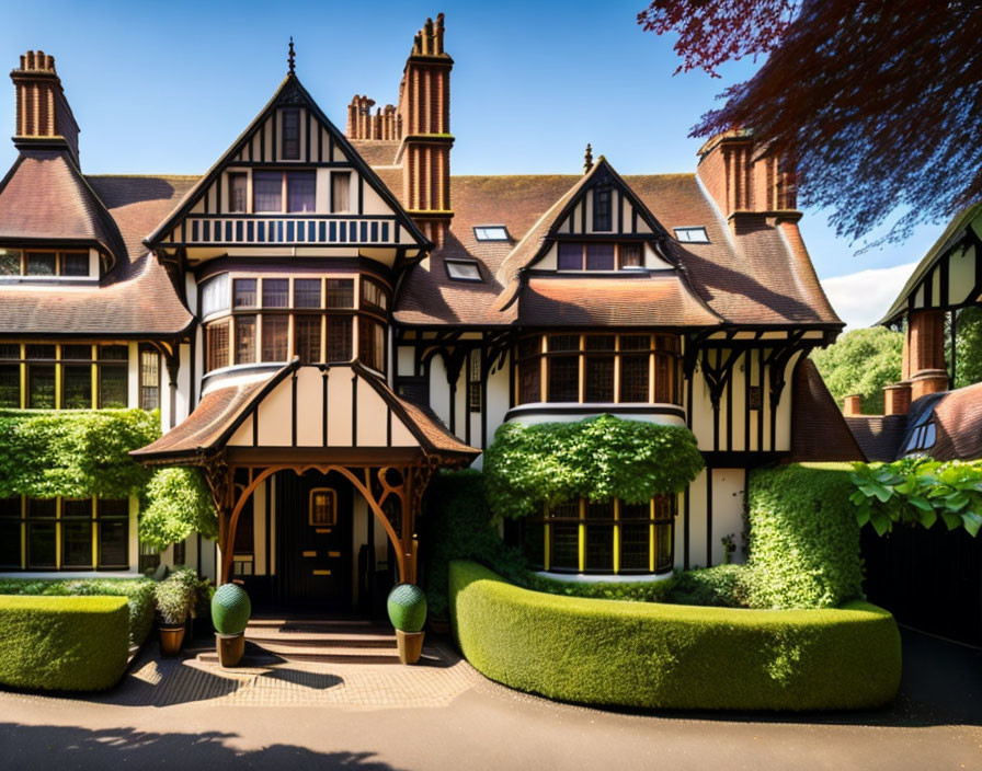 Traditional Tudor-style House with Gabled Roof and Half-Timbered Facade