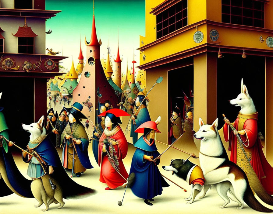 Colorful anthropomorphic dogs in medieval Japanese attire with weapons in stylized artwork.