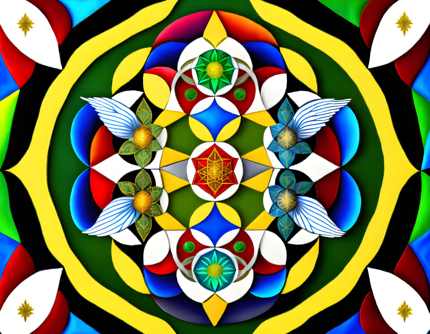 Colorful Kaleidoscopic Image with Symmetrical Floral and Geometric Patterns