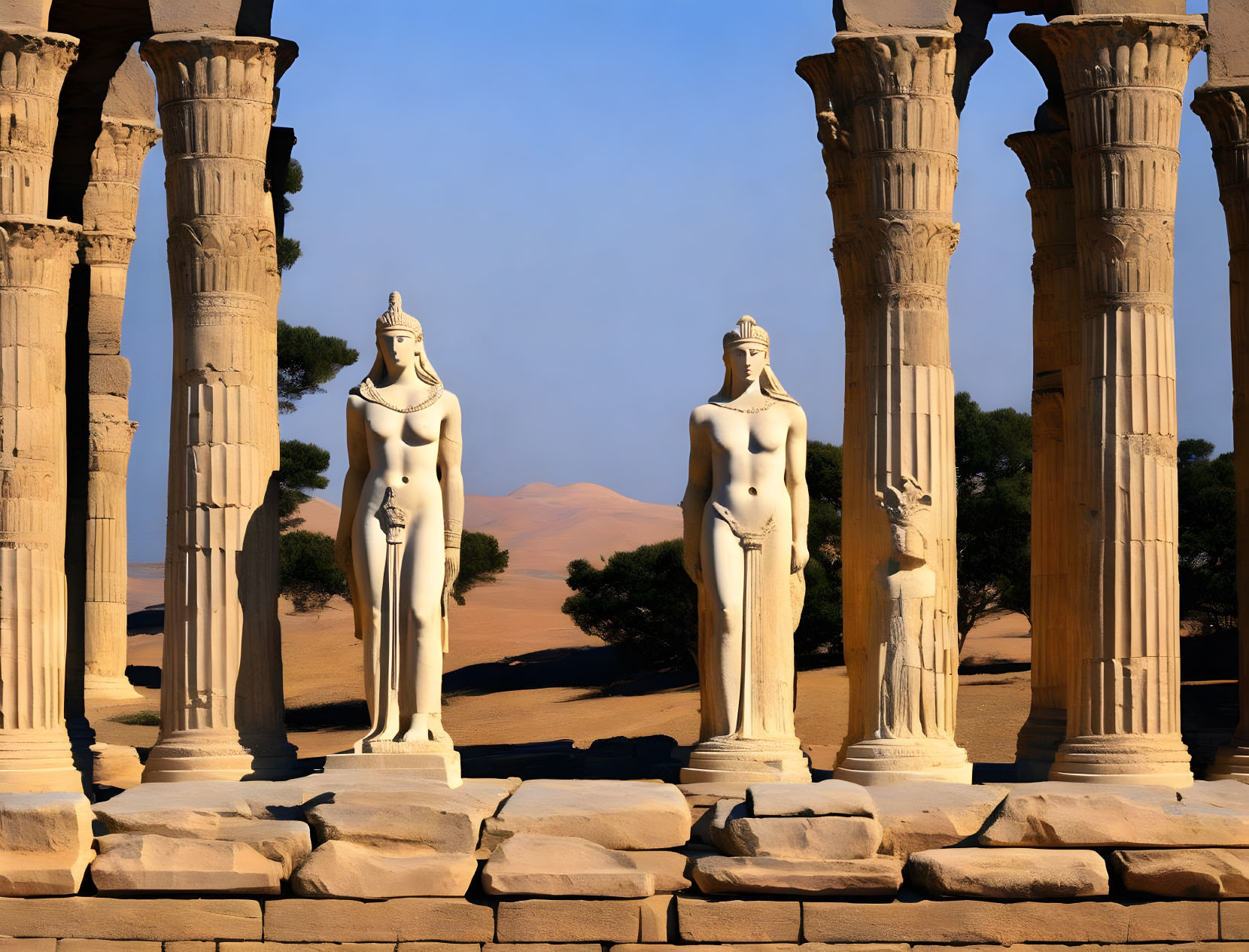 Greco-Roman Columns, Statues, Desert Landscape, Blue Sky