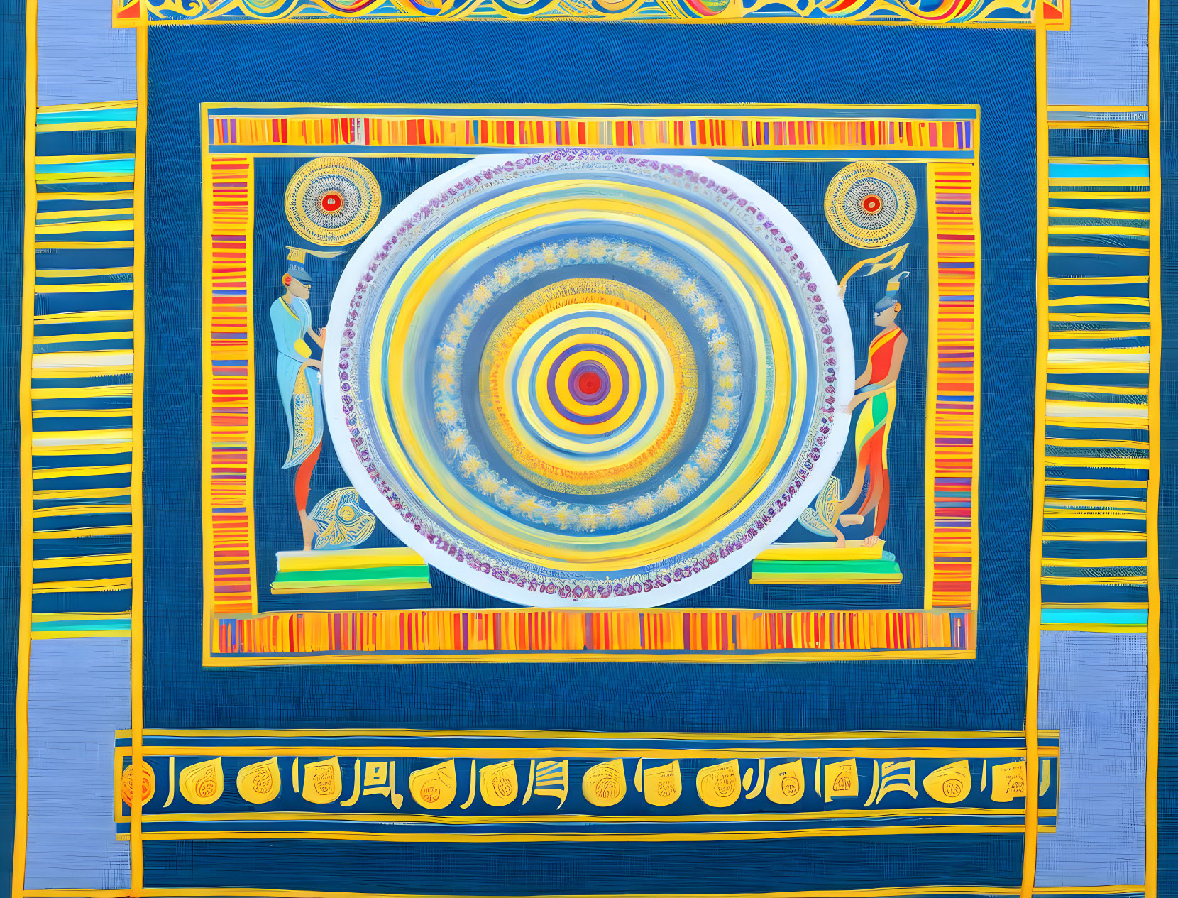 Vibrant Egyptian-themed mandala art on blue and gold backdrop