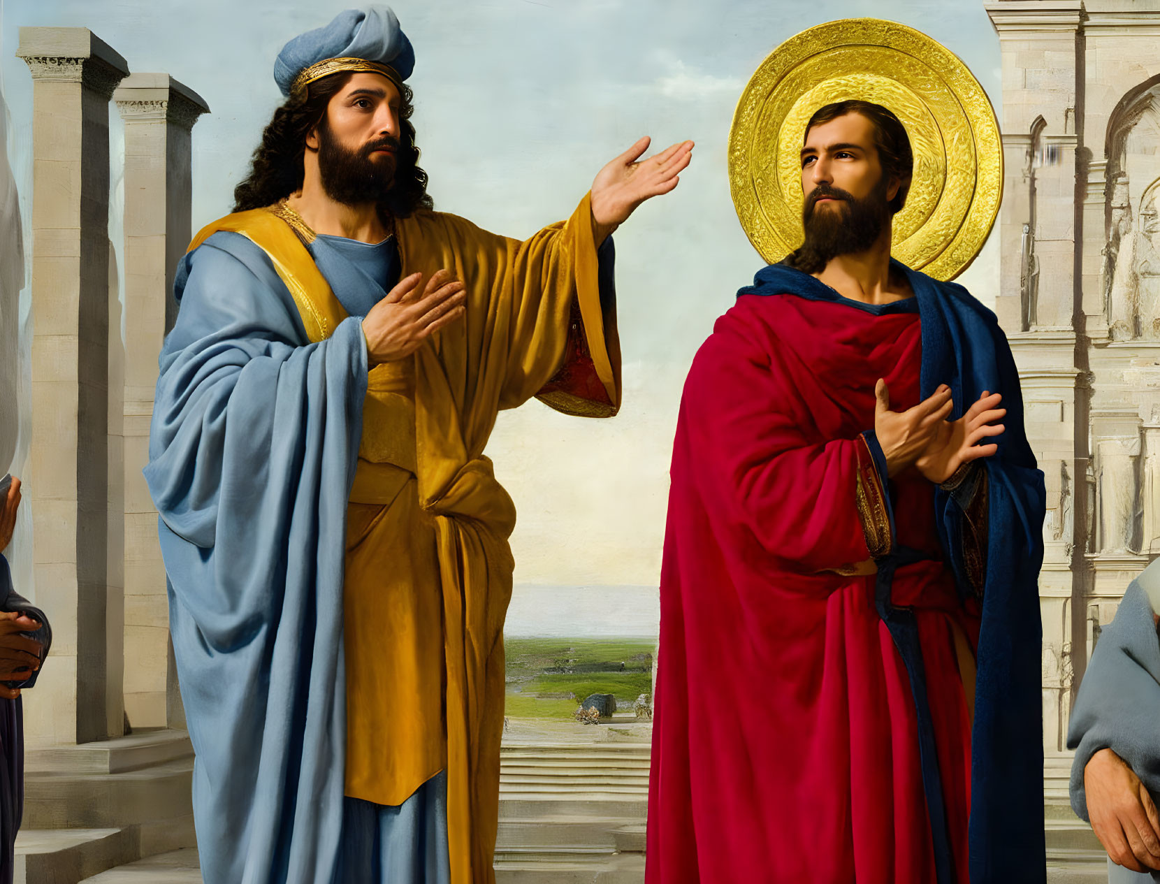 Historical painting: Two men with golden halo gesturing on balcony