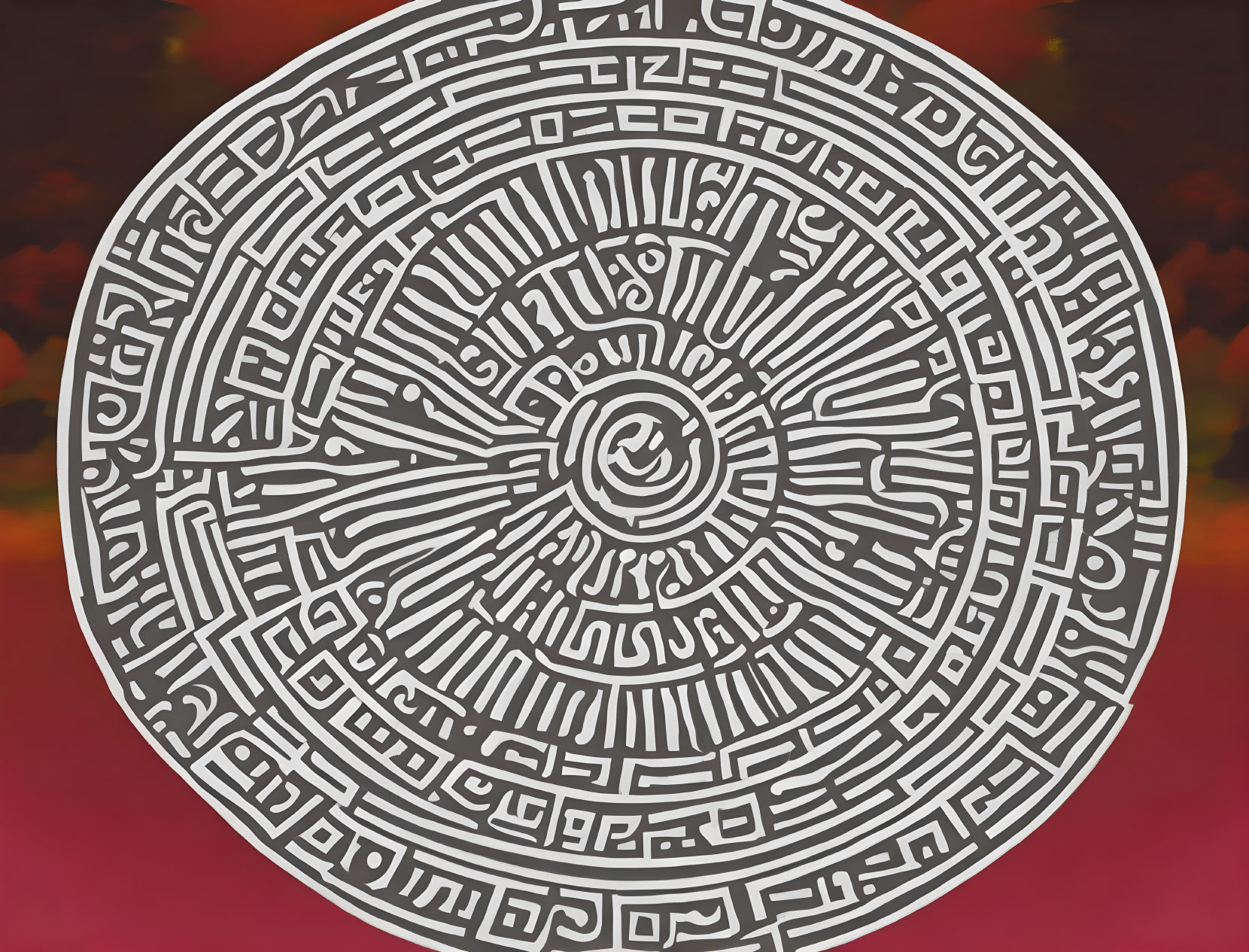 Circular geometric maze pattern on blurred red background