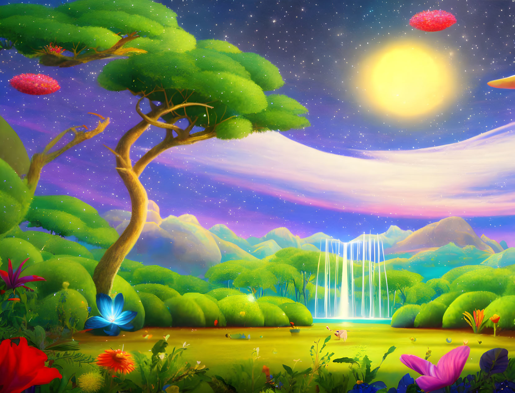 Colorful Fantasy Landscape with Glowing Waterfall and Moonlit Sky