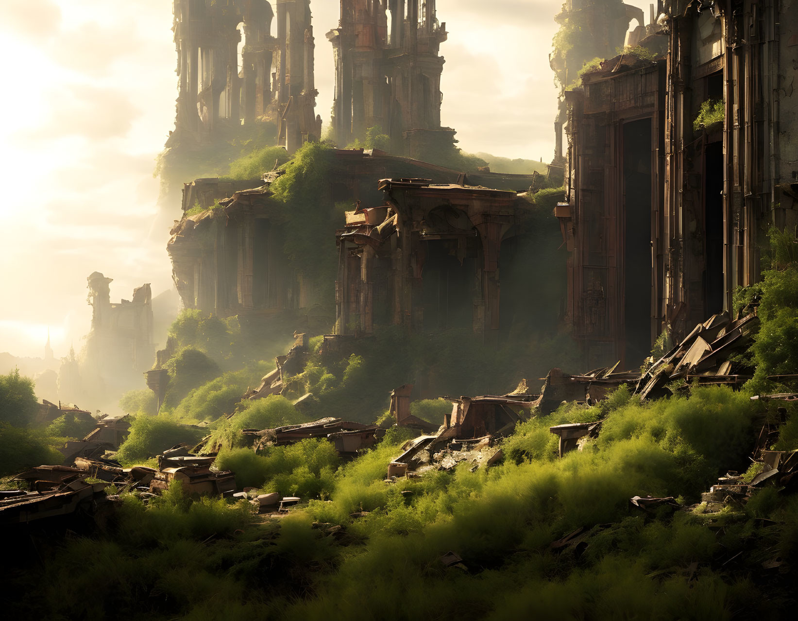 Mystical landscape with ancient ruins and lush vegetation under sunlit sky