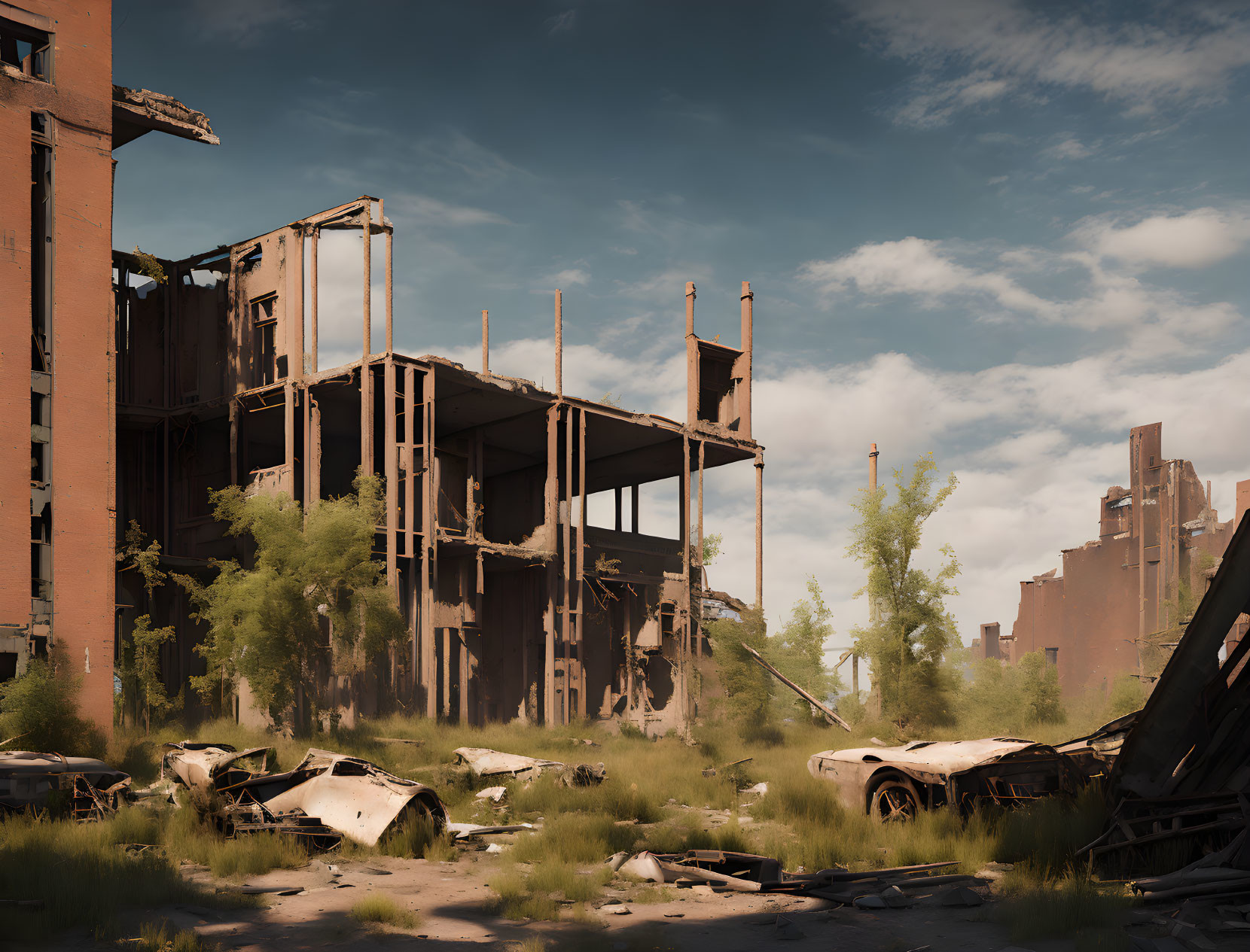 Dilapidated buildings and rusted cars in post-apocalyptic scene