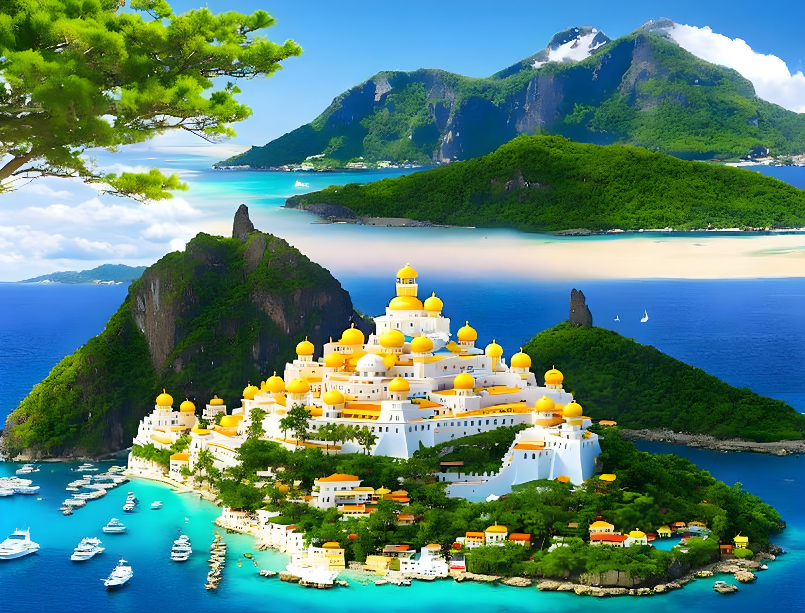 Golden-domed palace by the sea with lush greenery and mountains in the backdrop