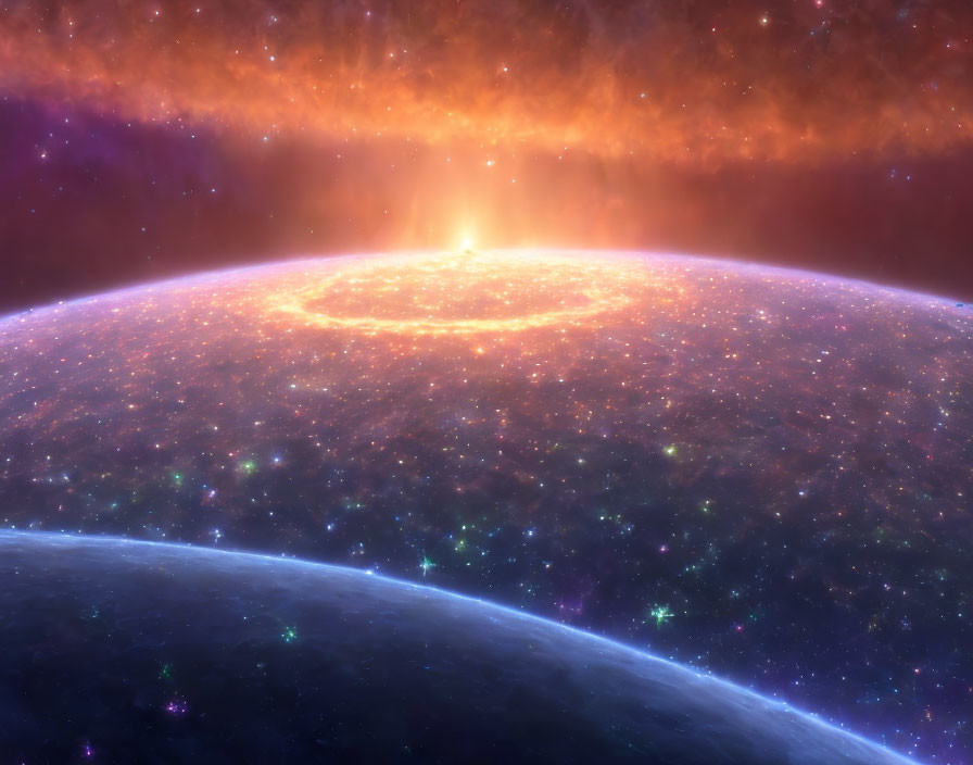 Glowing planet horizon with starburst effect and colorful cosmos