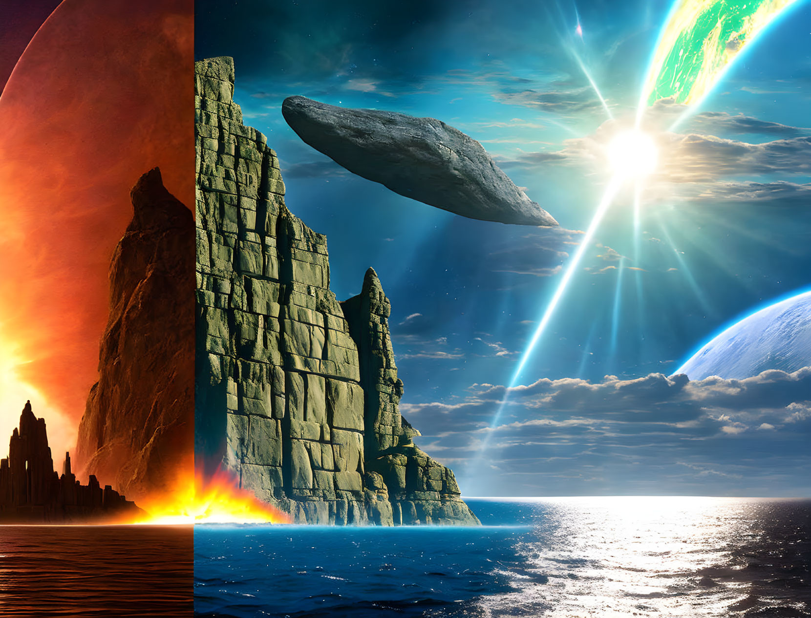 Cliff by the Sea Divides Two Sci-Fi Scenes: Red Sky, Volcanic Activity,