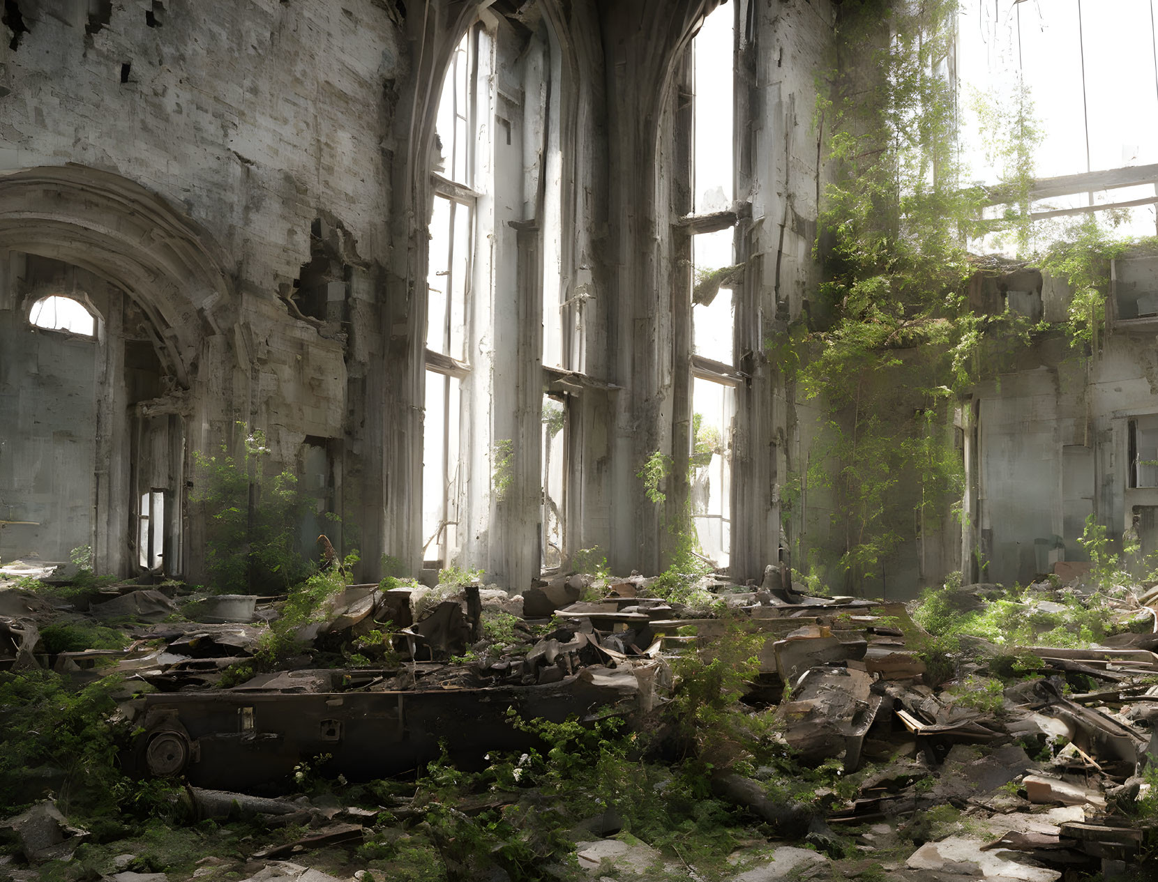 Abandoned building with vine-covered ruins and sunlight streaming in