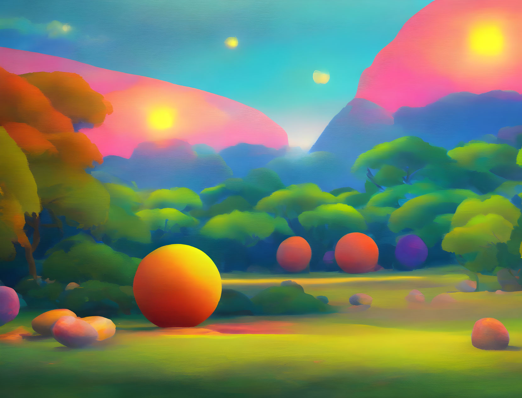 Colorful Trees and Glowing Orbs in Surreal Landscape