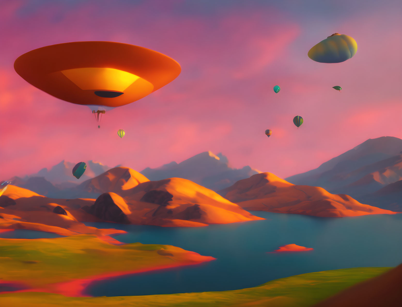 Tranquil landscape with hot air balloons, UFO, lake, and colorful hills