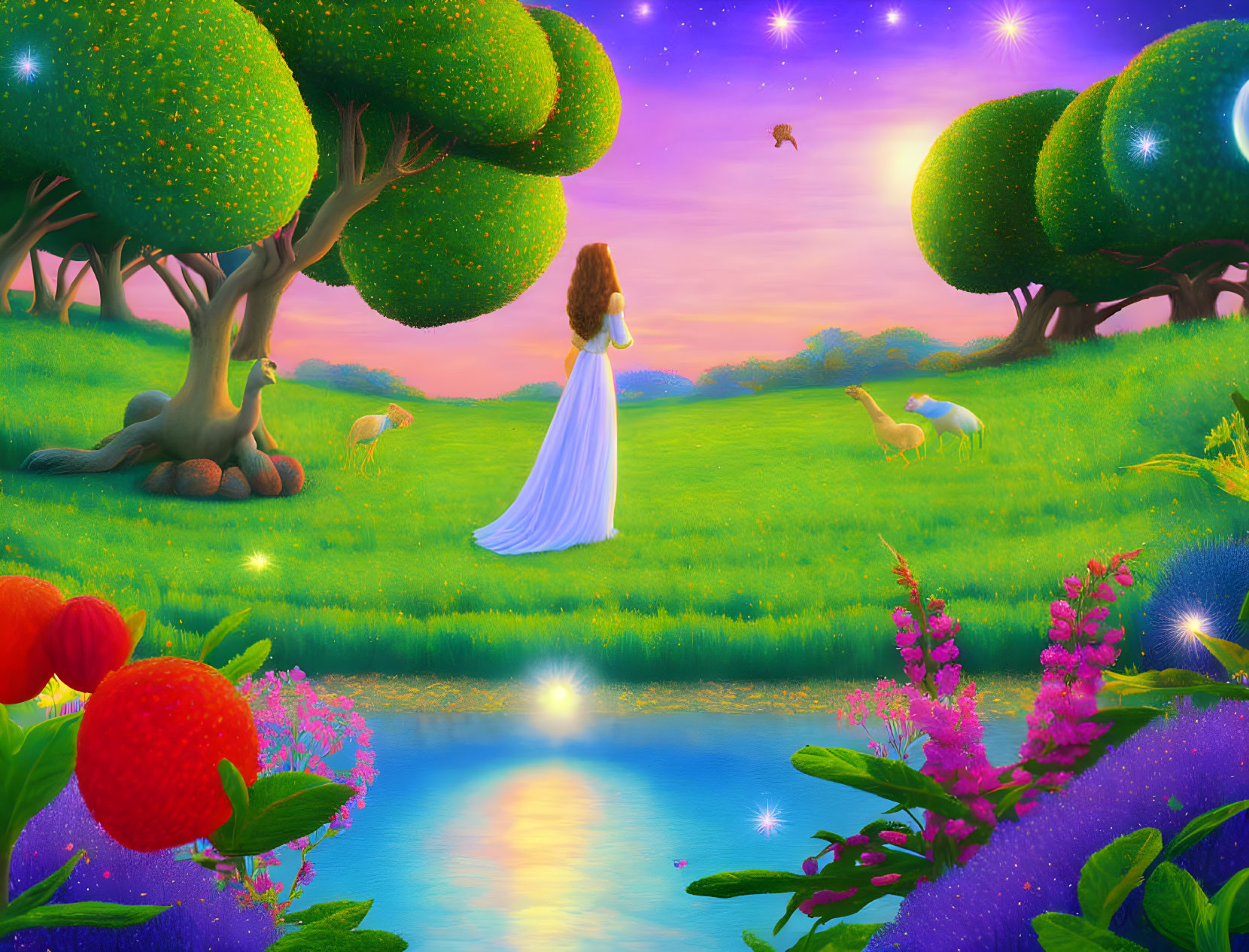 Woman in white dress walking in lush, colorful landscape