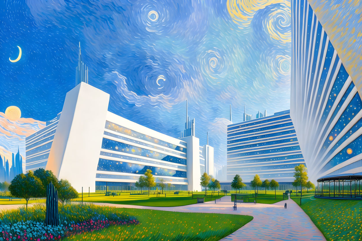 Starry sky cityscape with modern buildings and crescent moon