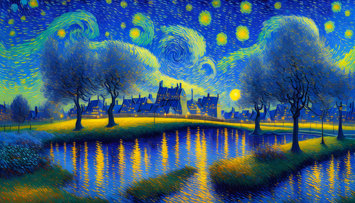 Starry Night Sky Over Quaint Village and River Reflections