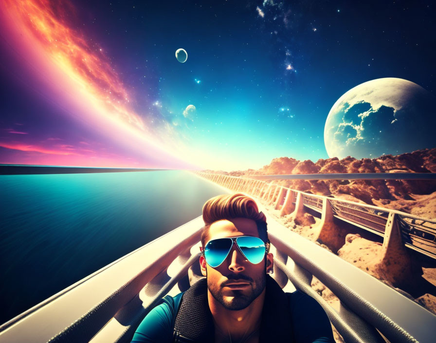 Person wearing sunglasses on futuristic bridge with cosmic backdrop.