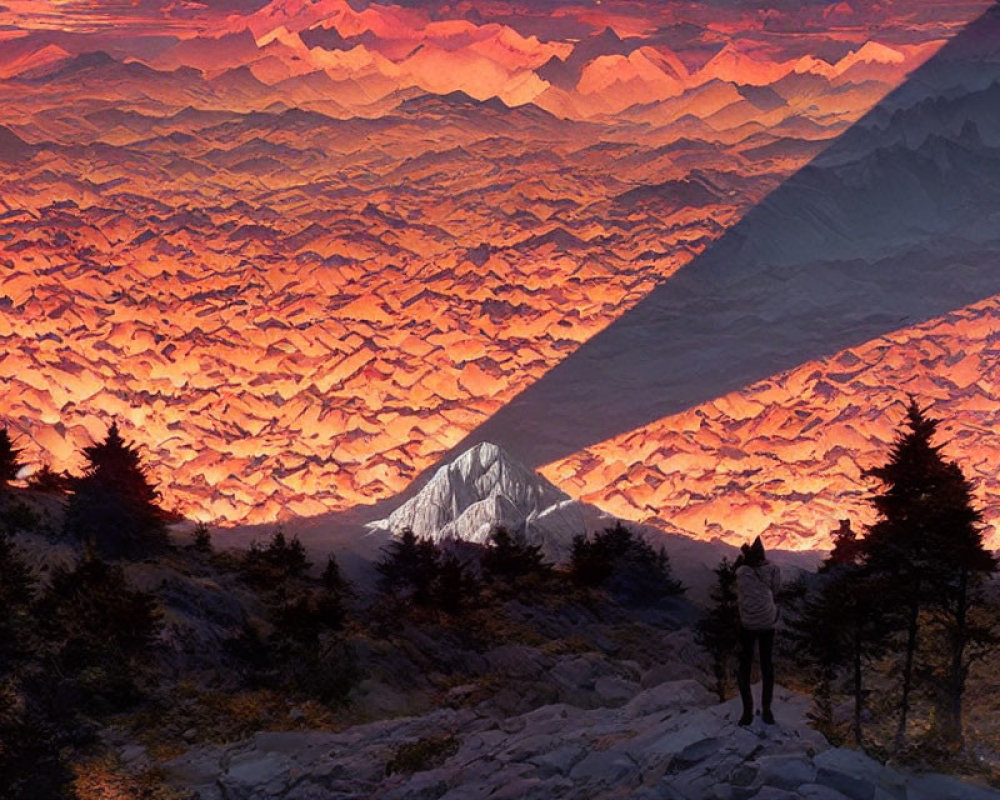 Person admiring warm-hued mountain landscape at sunrise or sunset