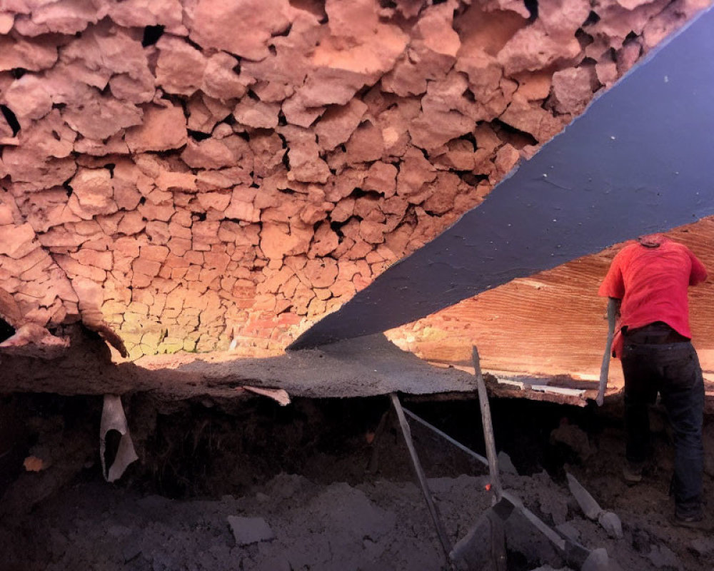 Construction worker installing metal beam under stone brick ceiling