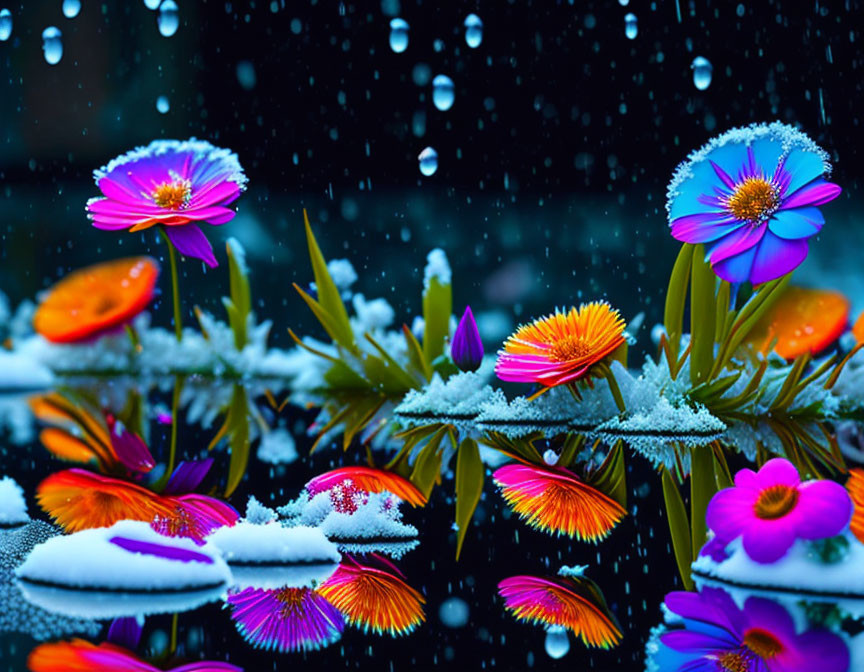 Colorful Flowers and Snowflakes on Dark Bokeh Background