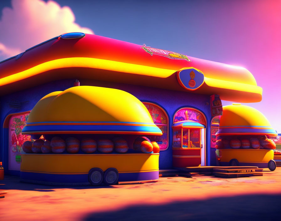 Colorful Hot Dog-Themed Restaurant and Food Trucks at Dusk