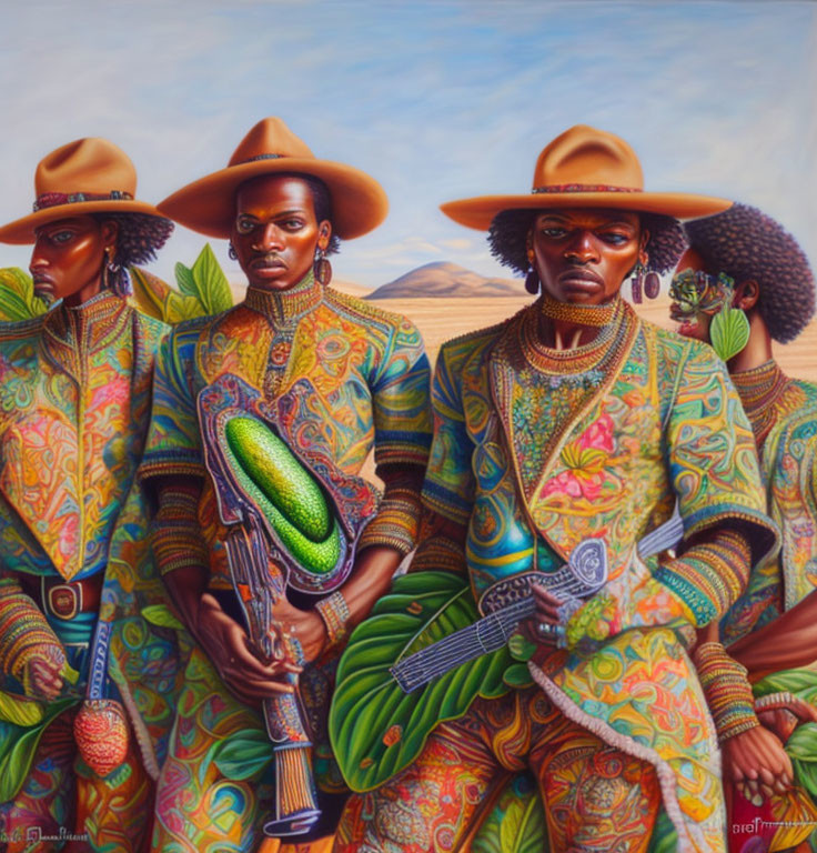 Colorful artwork of four people in patterned attire and cowboy hats with weapons in a desert.