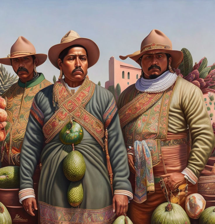 Three Men in Traditional Mexican Attire at Fruit Stand with Avocados