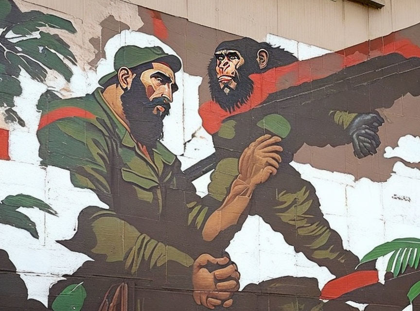 Vibrant mural of soldier and chimpanzee in uniform