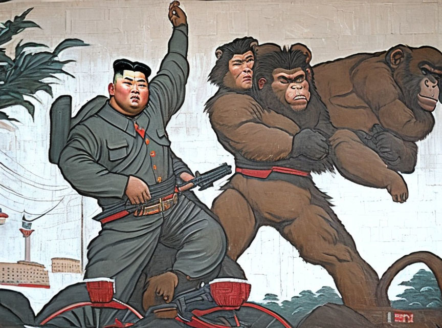 Stylized mural of military figure with anthropomorphic monkeys