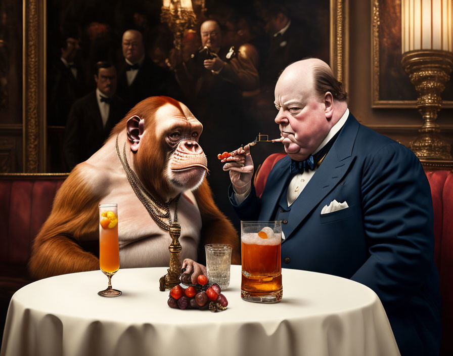 Orangutan and man resembling Winston Churchill in posh bar with drinks