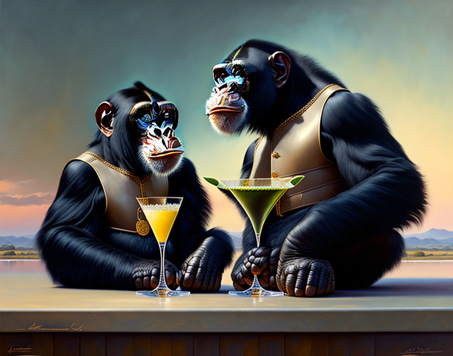 Anthropomorphic chimpanzees in suits at a bar with martini glasses