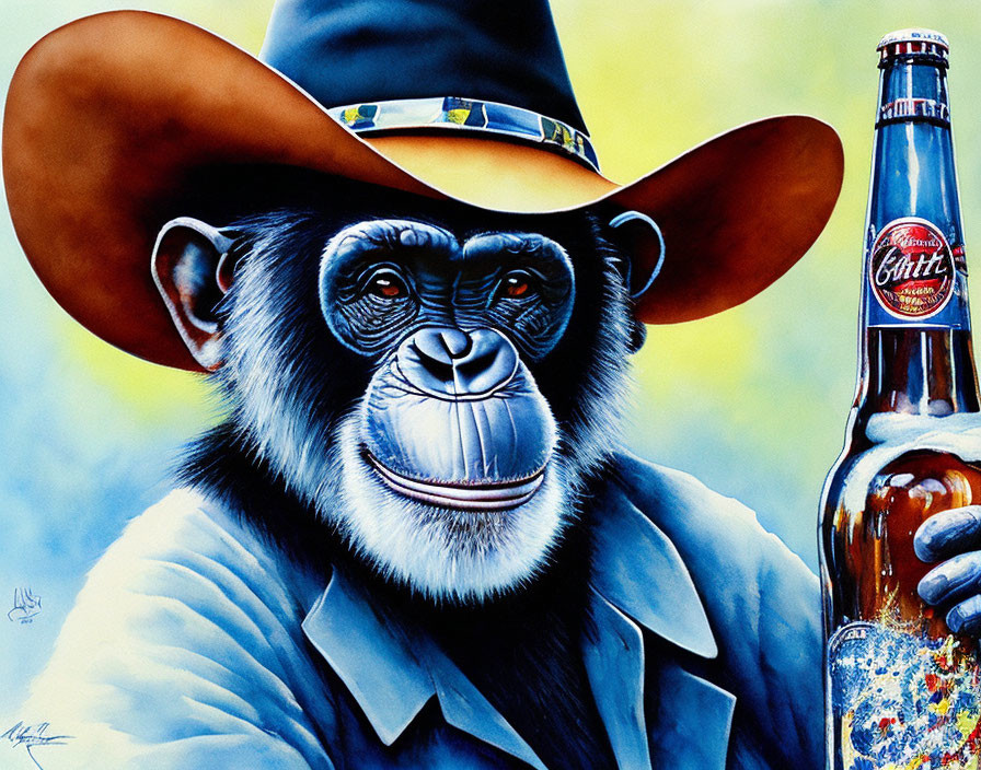 Chimpanzee in Cowboy Hat with Beer Bottle Artwork