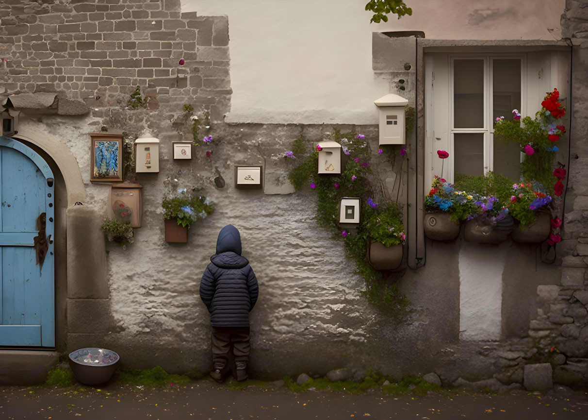 Child in blue coat by rustic stone wall with flowers