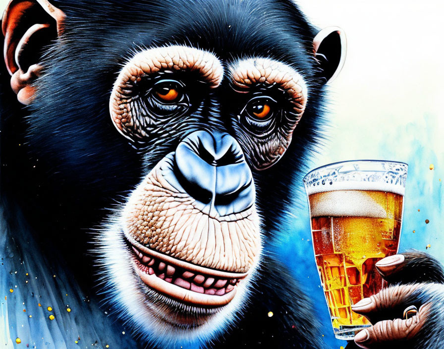 Chimpanzee holding beer glass with mischievous look