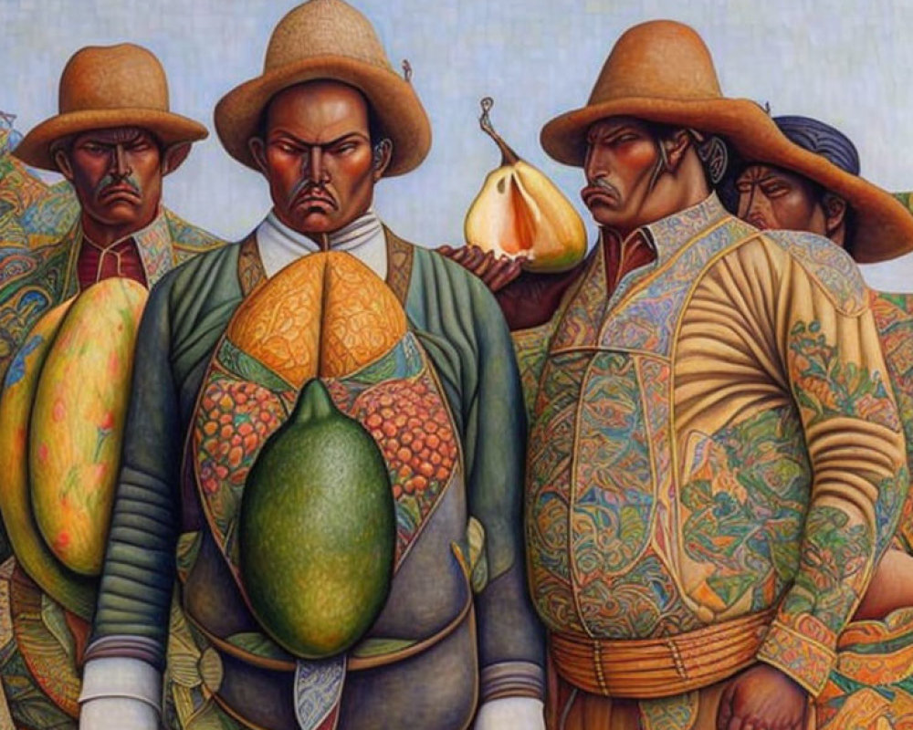 Three stern individuals in ornate clothing with papayas and avocados on torsos