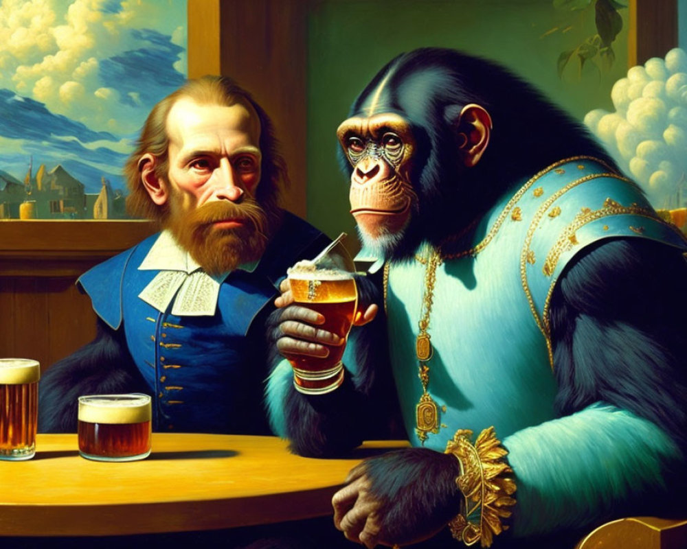 Surreal painting of man with long beard and monkey in regal attire drinking beer