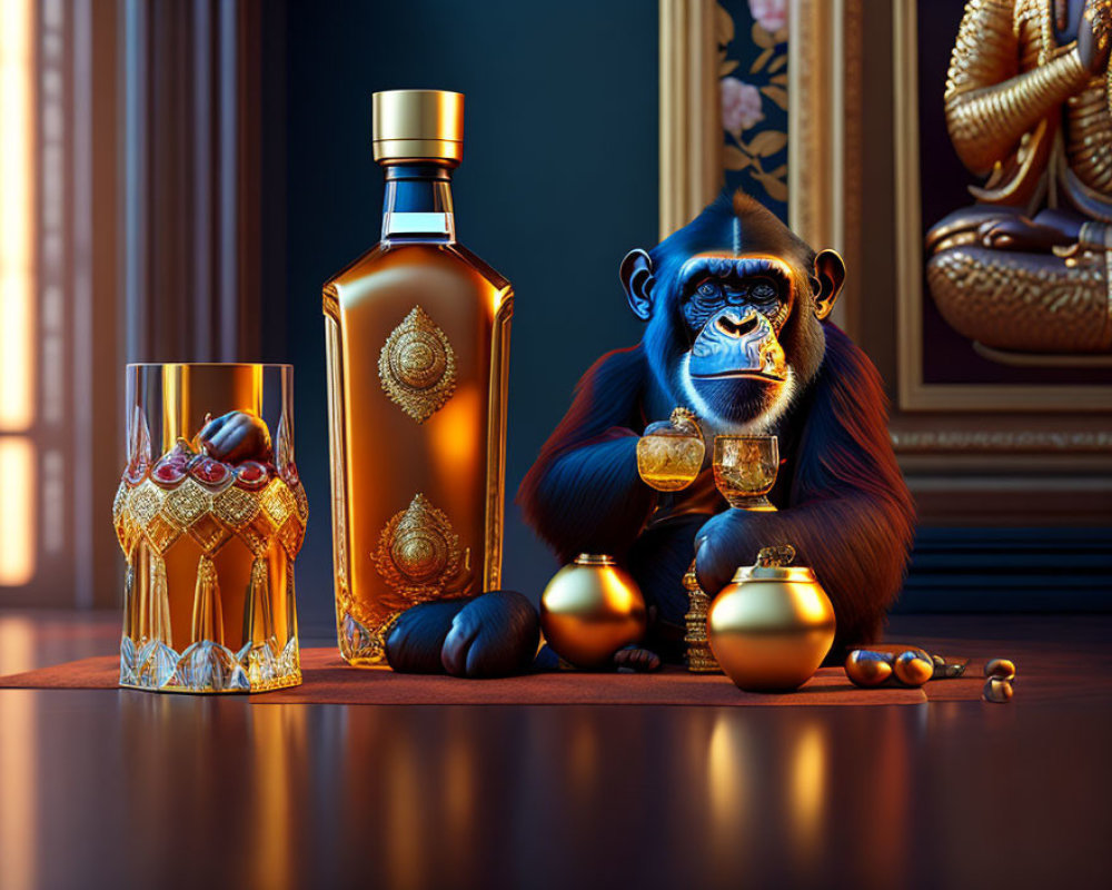 Chimpanzee with whiskey bottle in opulent setting