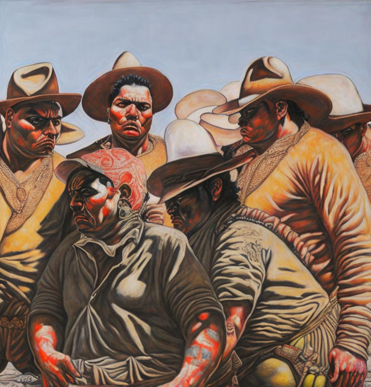 Six stern-faced men in cowboy hats and rugged attire with a tense ambiance