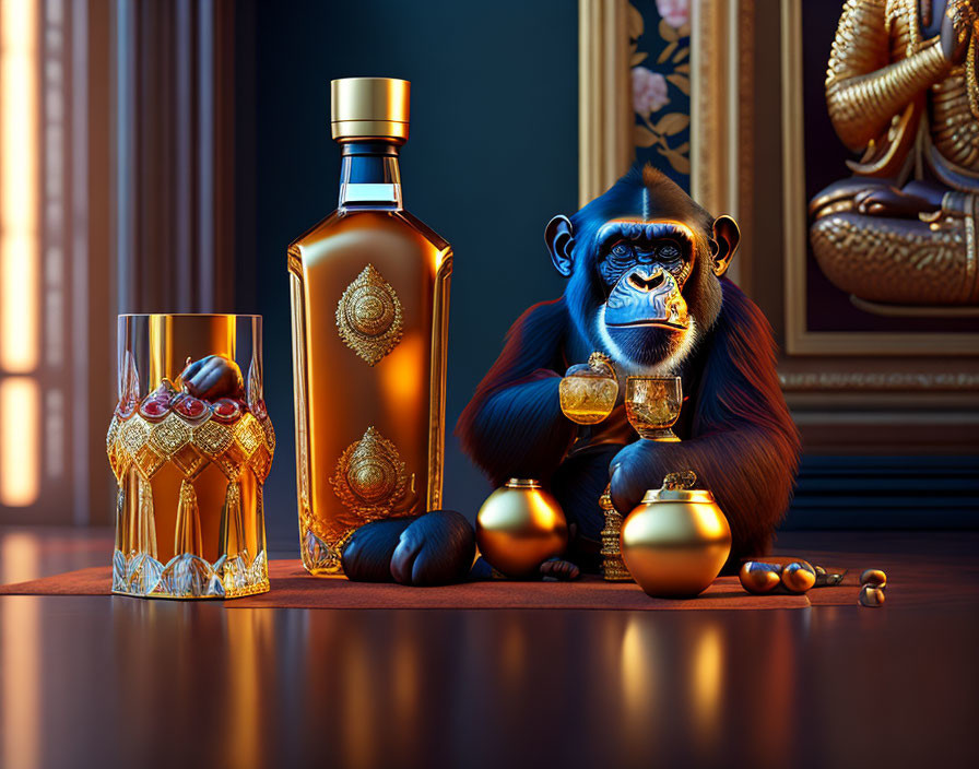 Chimpanzee with whiskey bottle in opulent setting