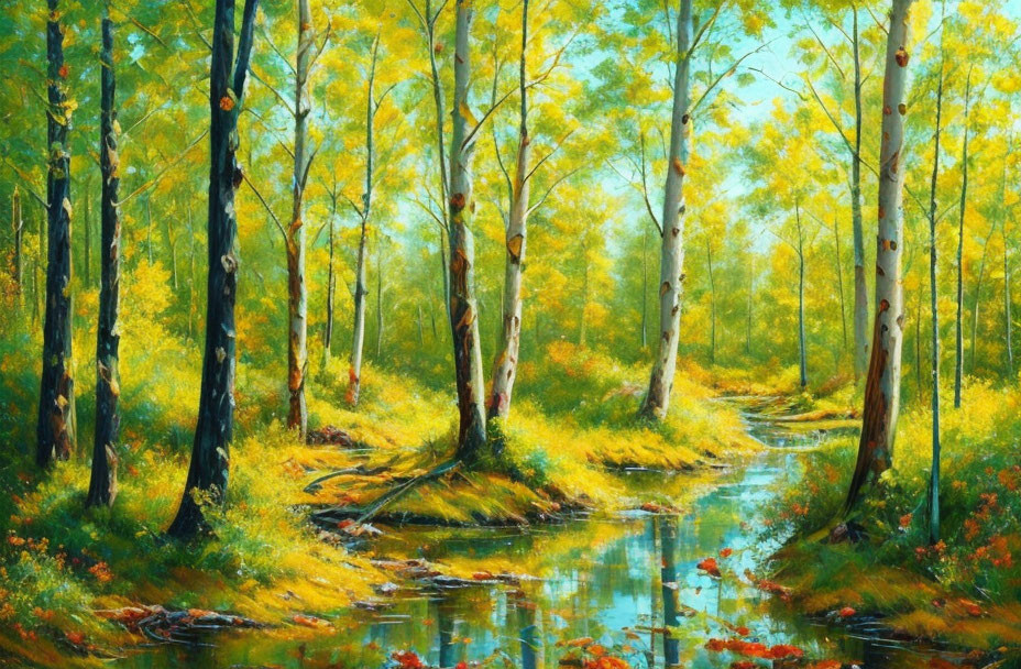 Serene autumn forest painting with golden leaves and stream