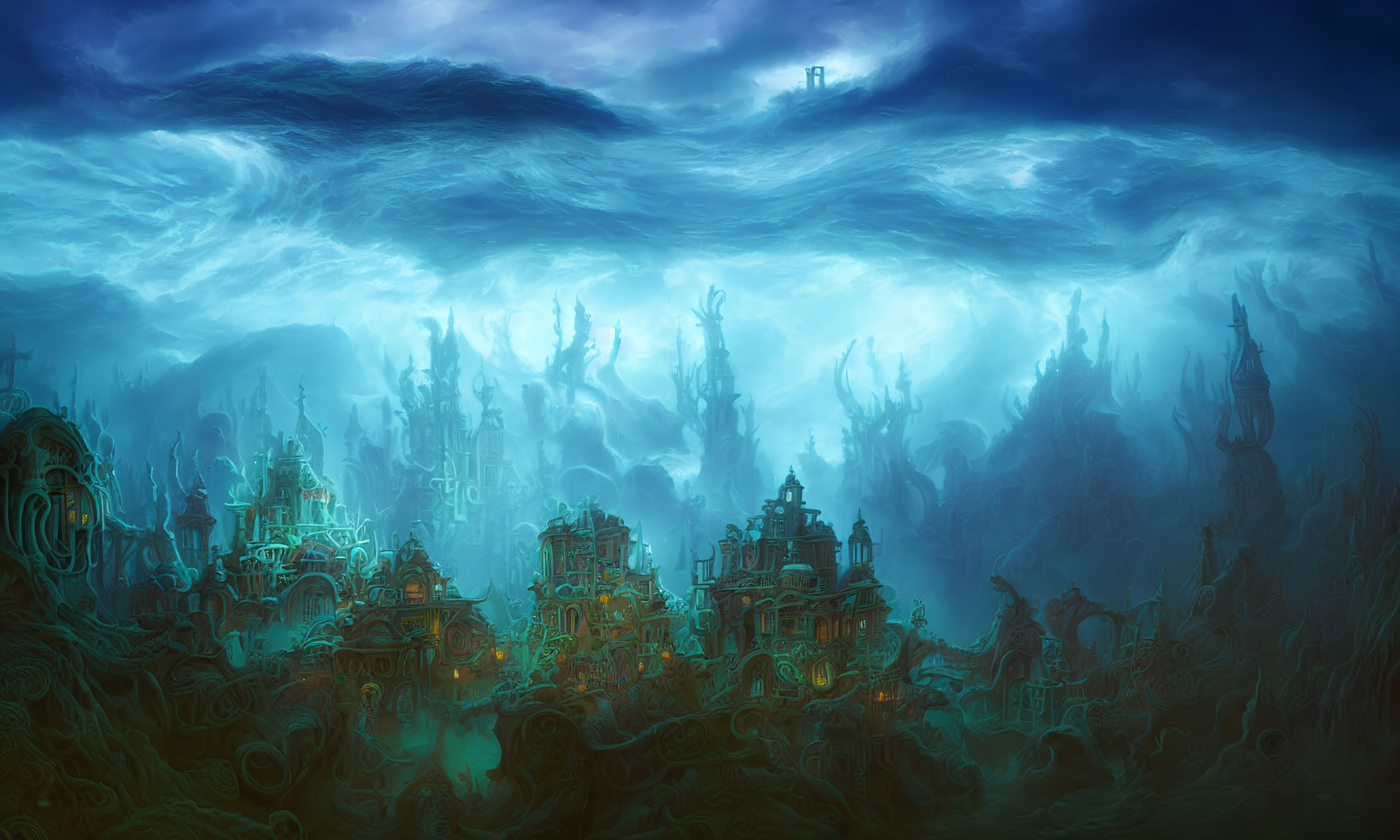 Ethereal underwater city with illuminated buildings and twisted aquatic flora under wave-like cloud formation