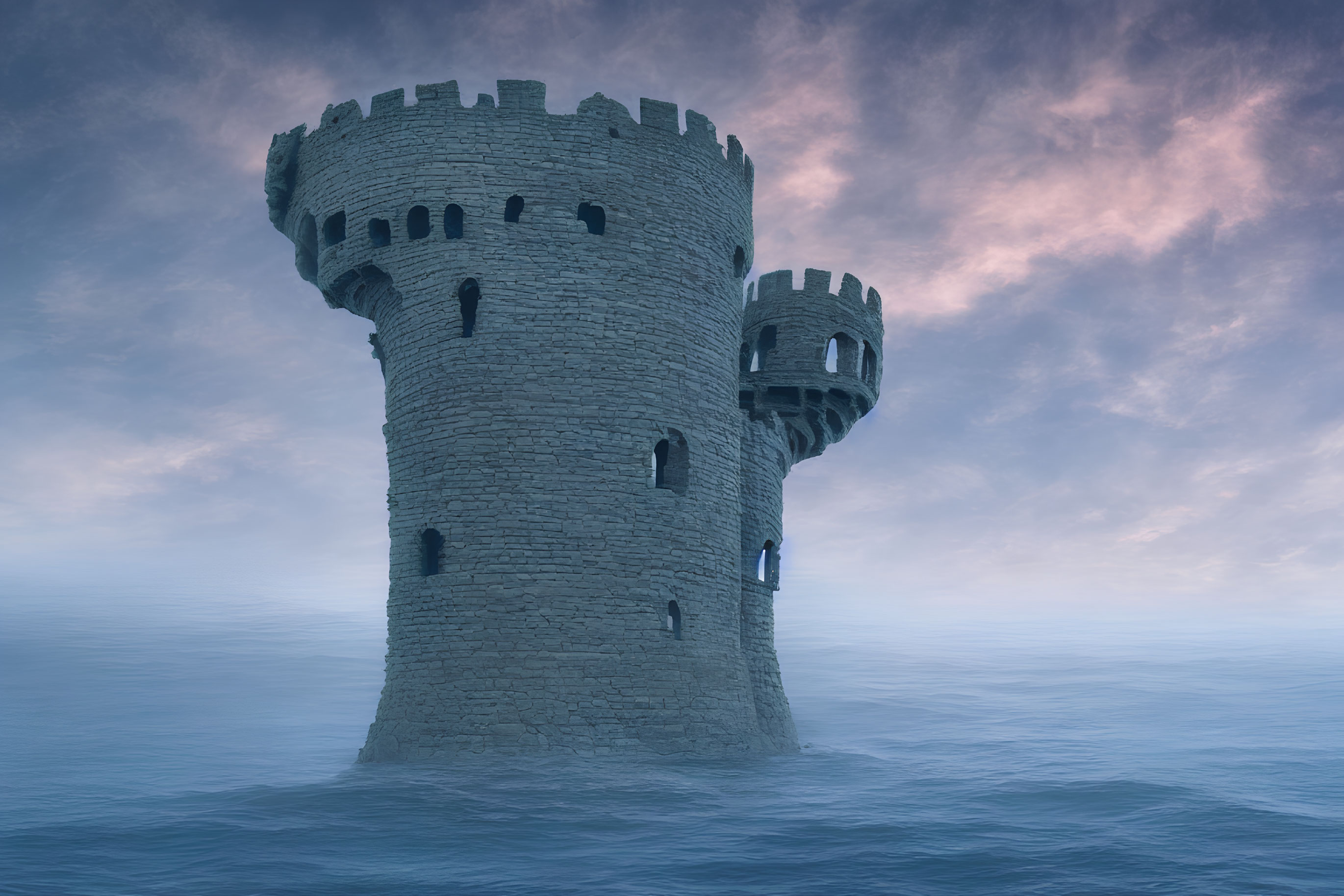 Stone tower with battlements in misty sea under twilight sky