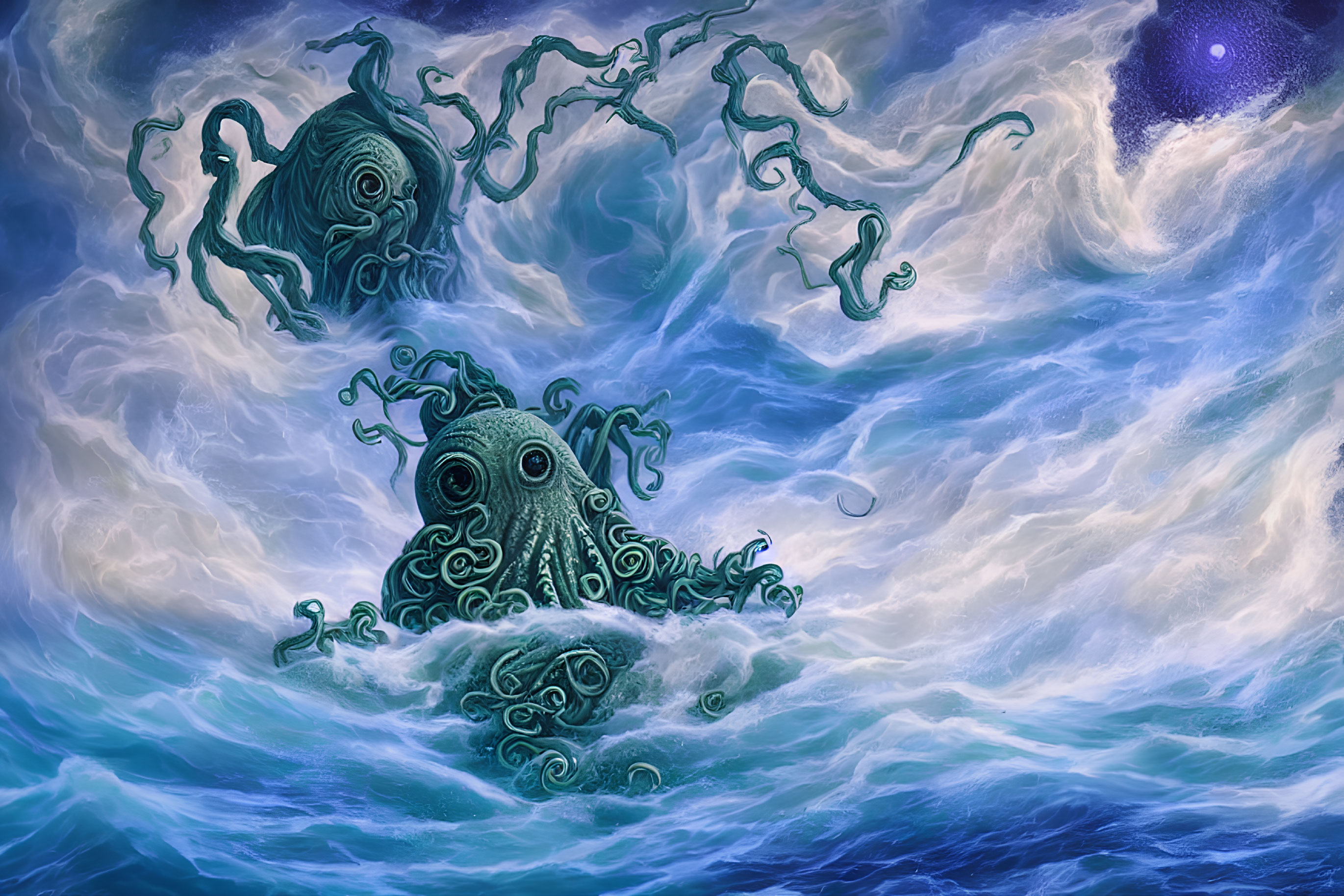 Fantastical sea scene with stylized octopus-like creatures in blue and white waves under a star