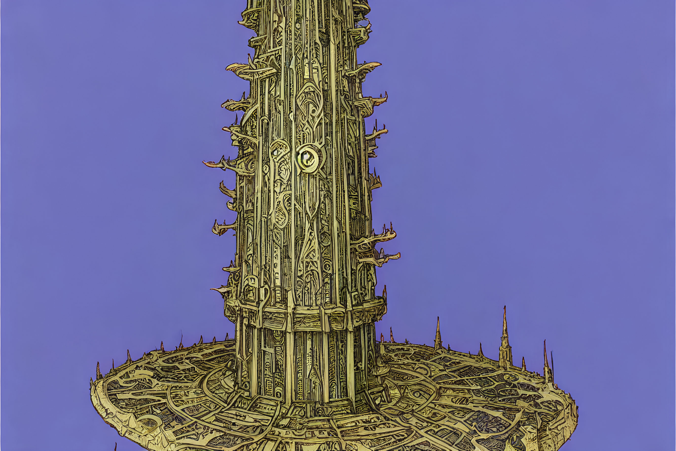 Intricately detailed golden tower against blue background