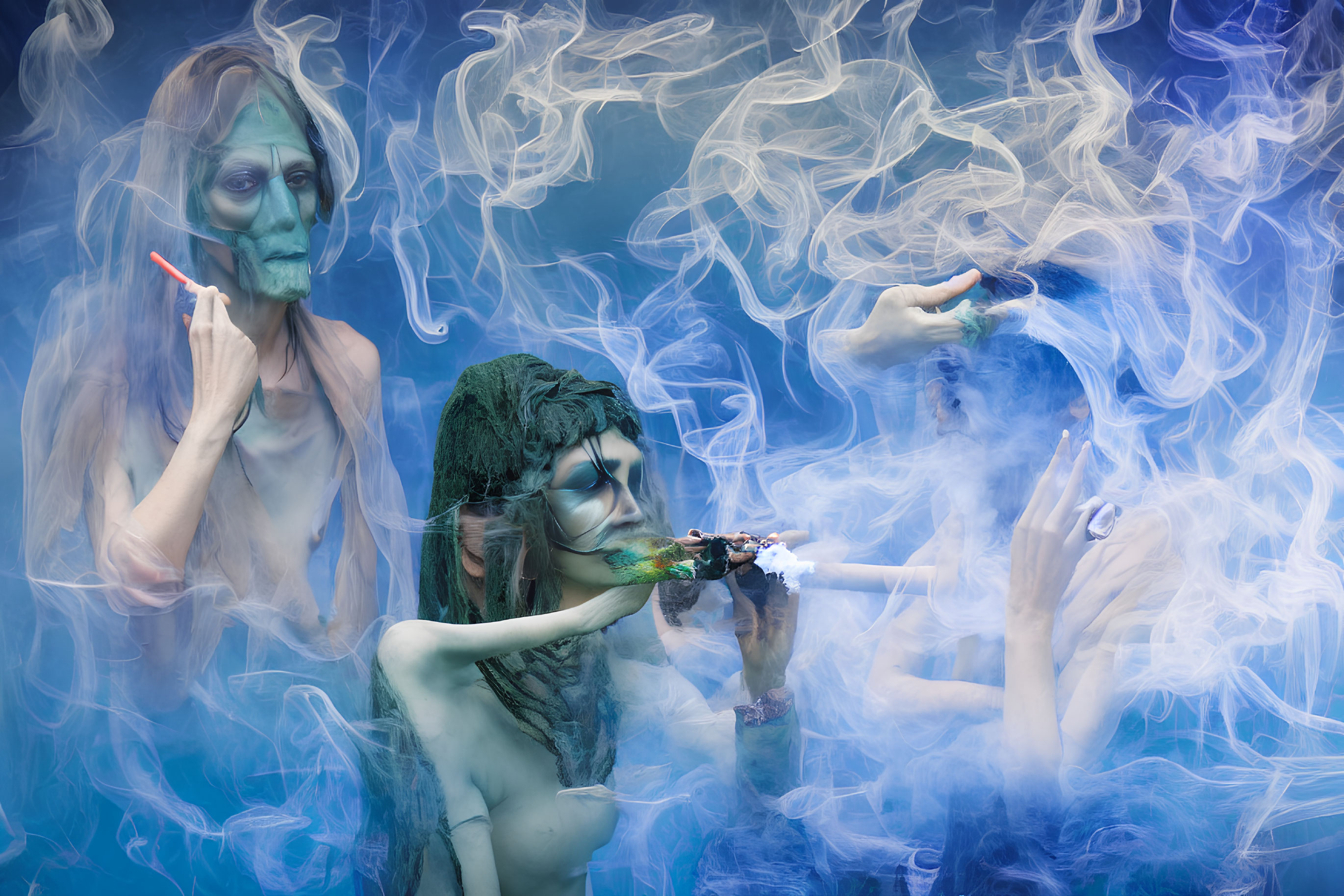 Two individuals in mythical creature body paint amidst swirling smoke rings and smoking object.