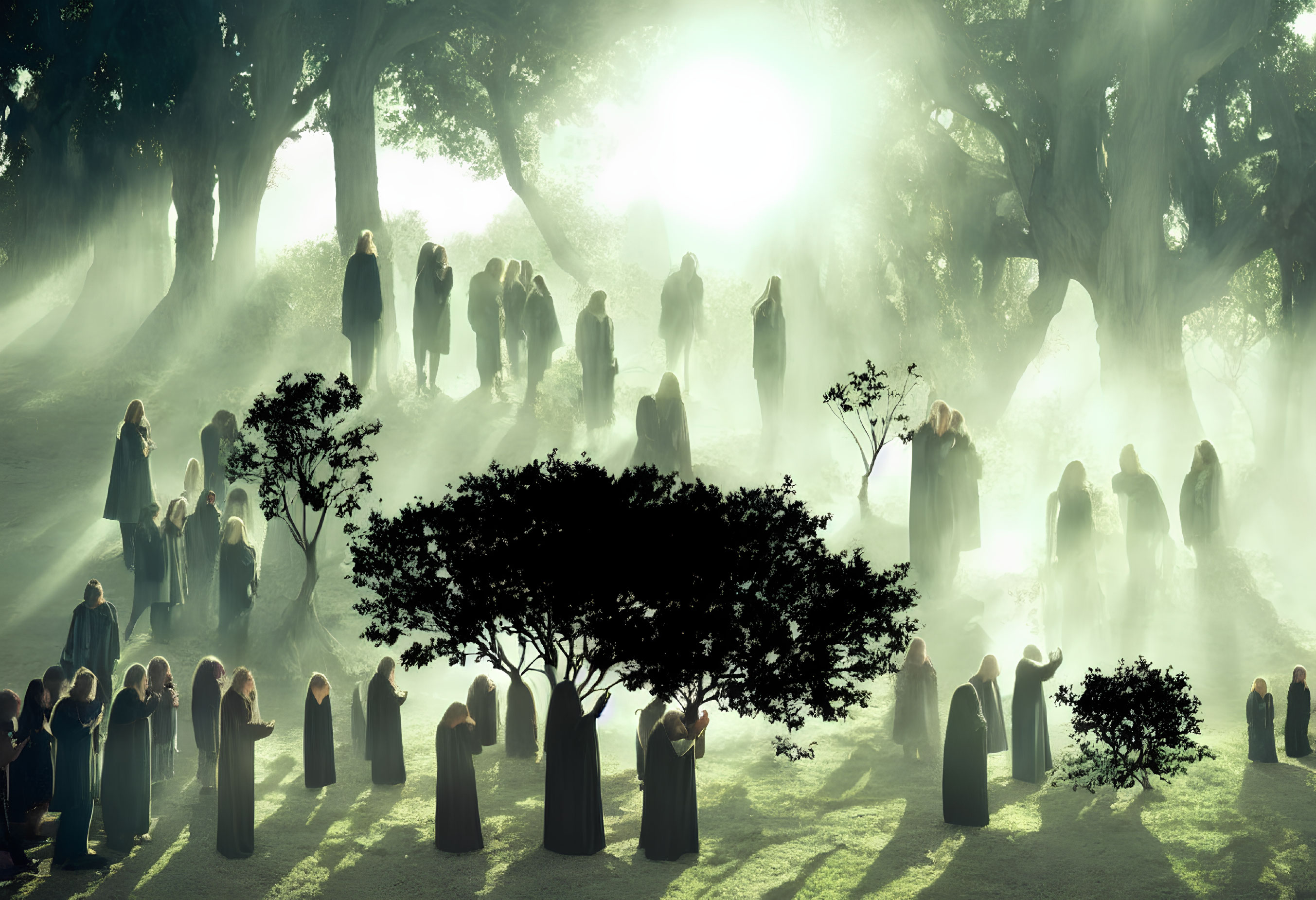 Mystical forest scene with robed figures in ethereal fog