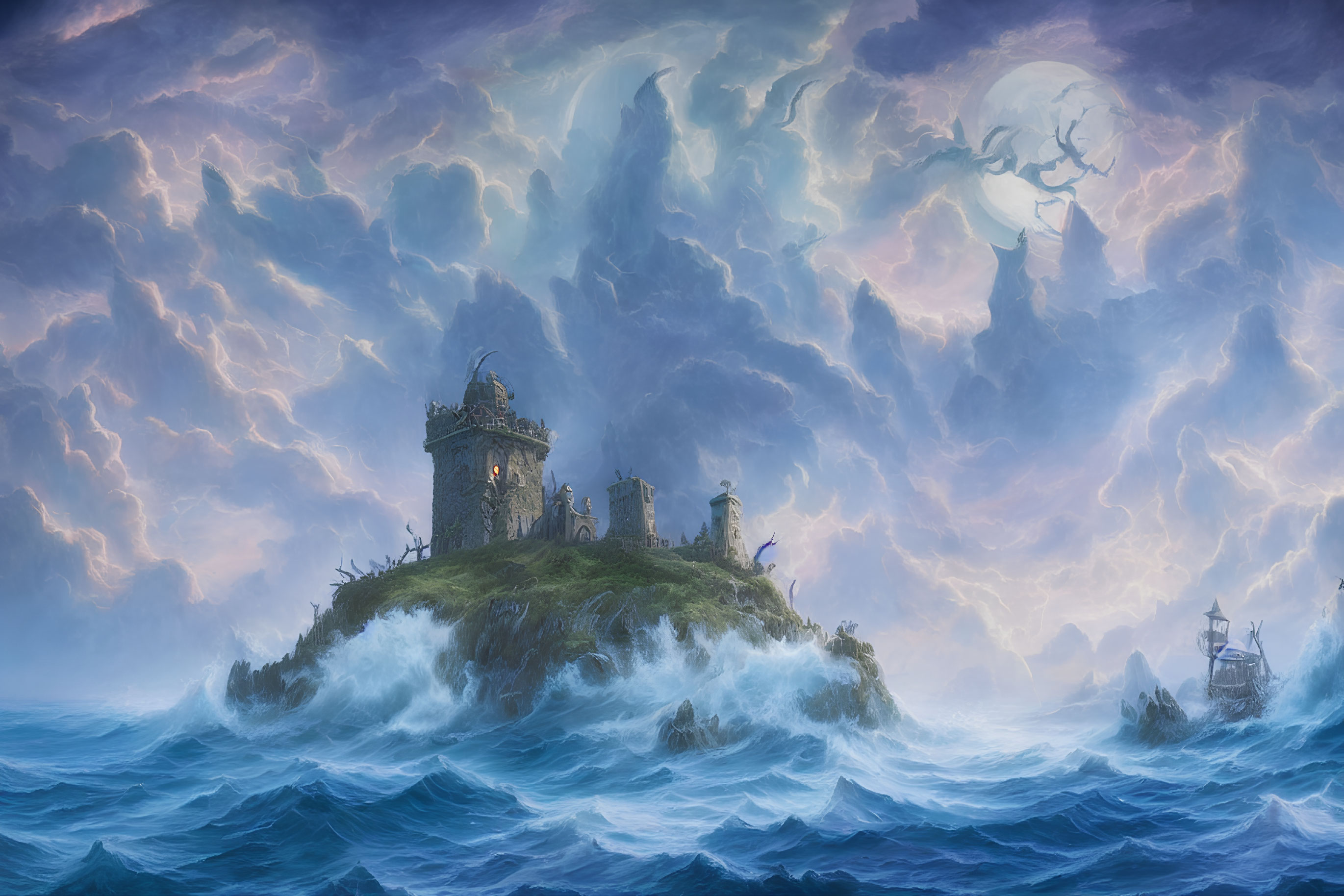 Ethereal seascape with stormy sky, full moon, castle on island, ship in distance