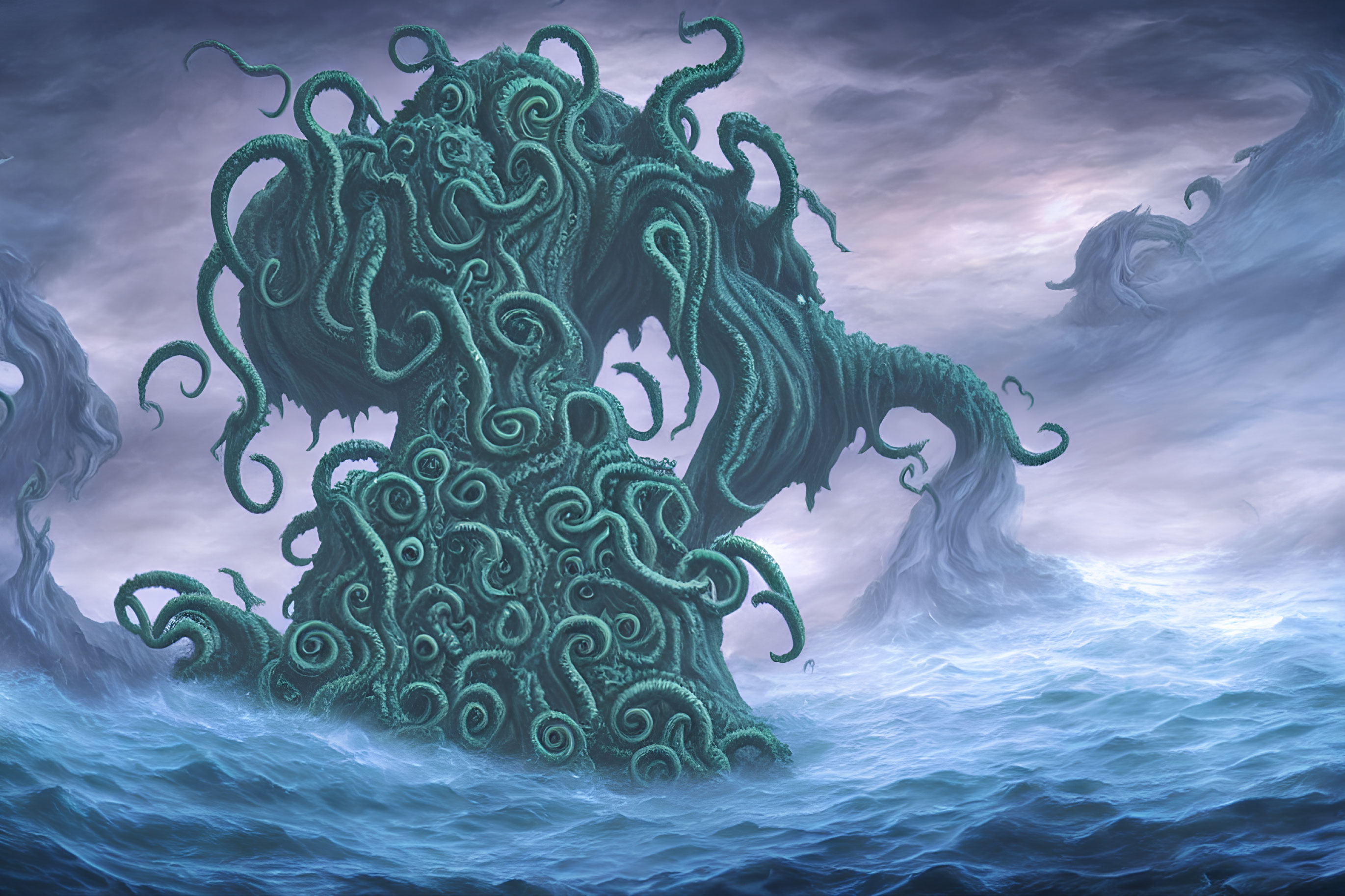 Majestic sea monster with serpentine tentacles in misty ocean scene