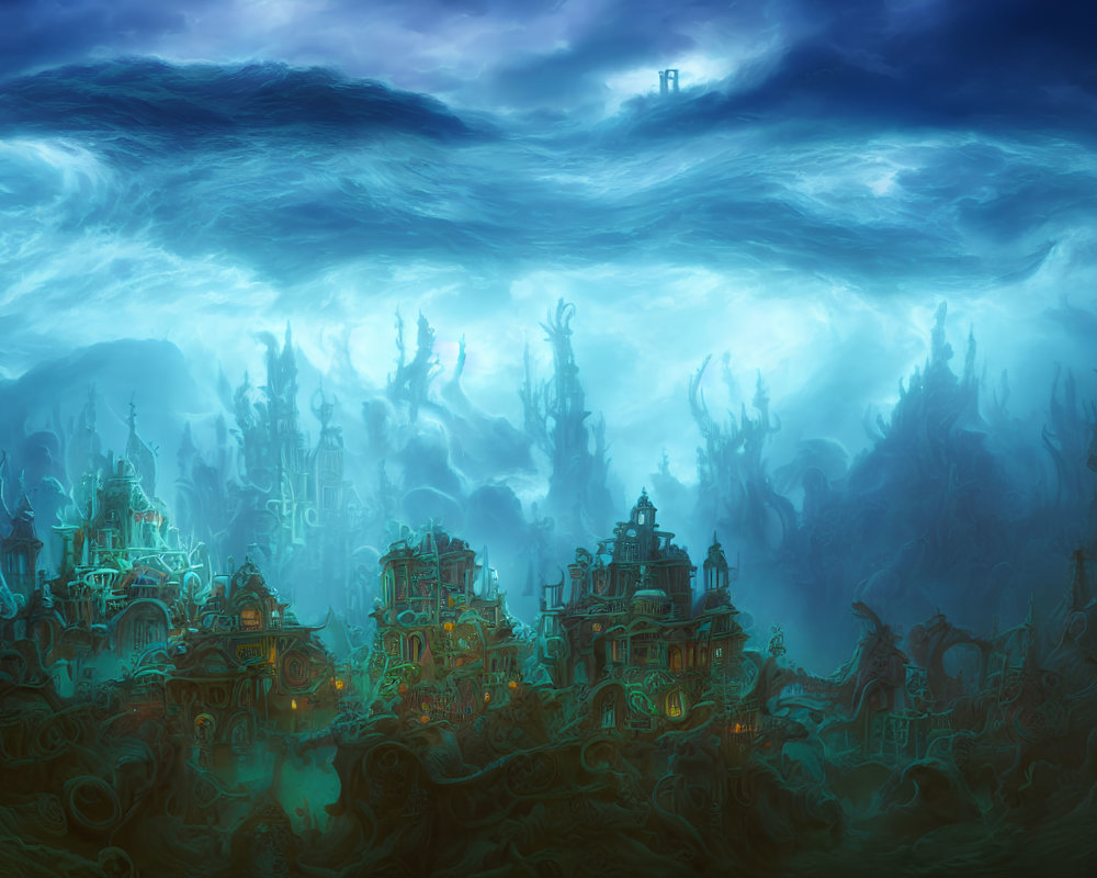 Ethereal underwater city with illuminated buildings and twisted aquatic flora under wave-like cloud formation