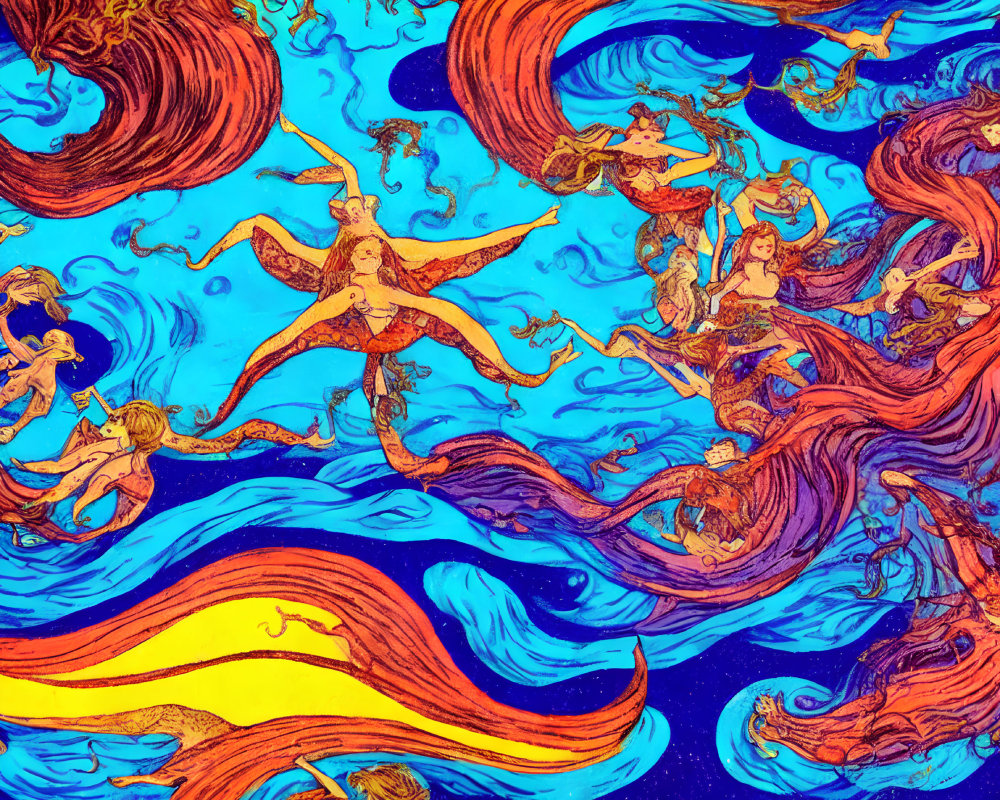 Colorful Mythological Sea Creatures in Swirling Waves and Starry Sky